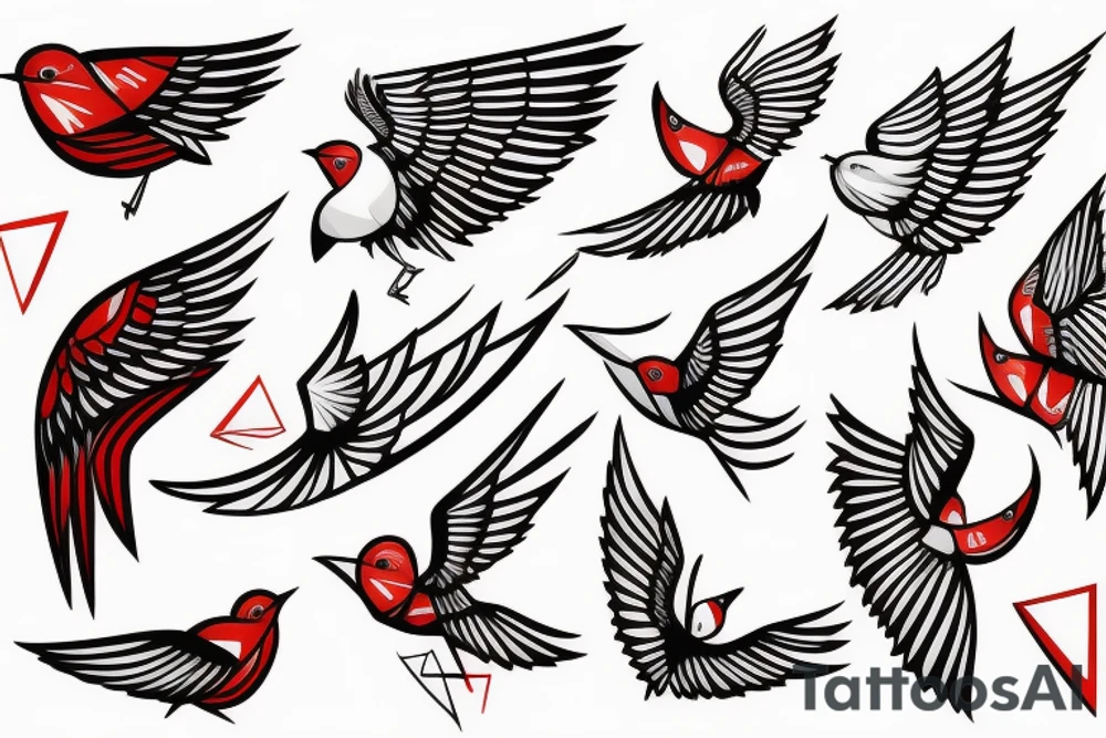 sketch geometric abstract style robin bird mid-flight with spread wings, dynamic, small amount of red accent tattoo idea