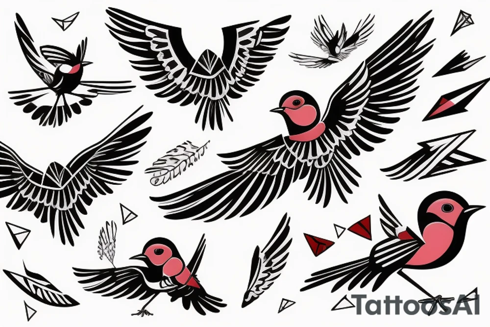 sketch geometric abstract style robin bird mid-flight with spread wings, dynamic, small amount of red accent tattoo idea
