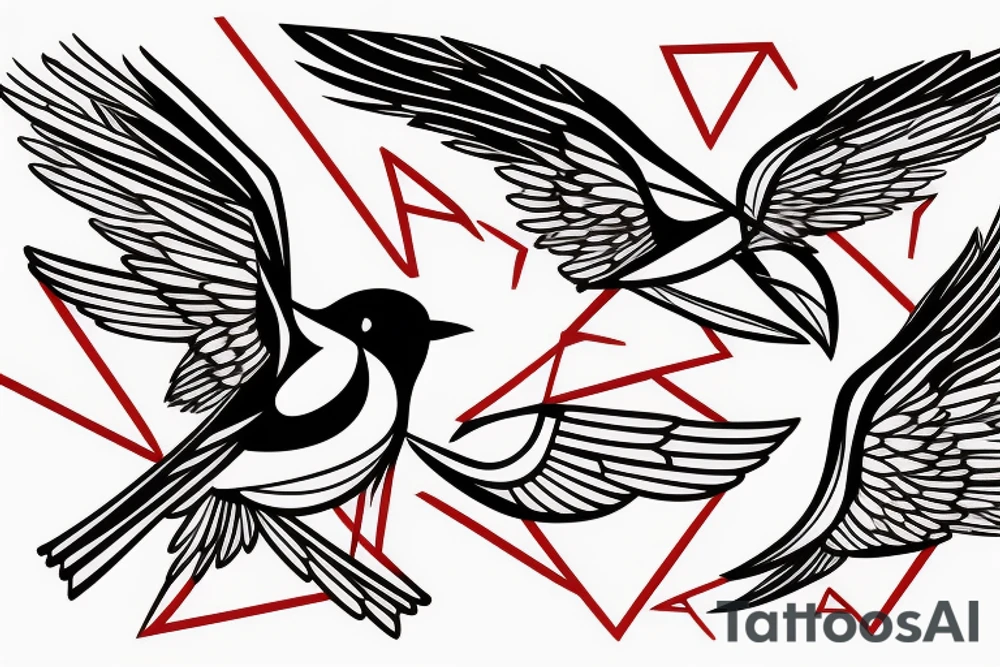 sketch geometric abstract style robin bird mid-flight with spread wings, dynamic, small amount of red accent tattoo idea