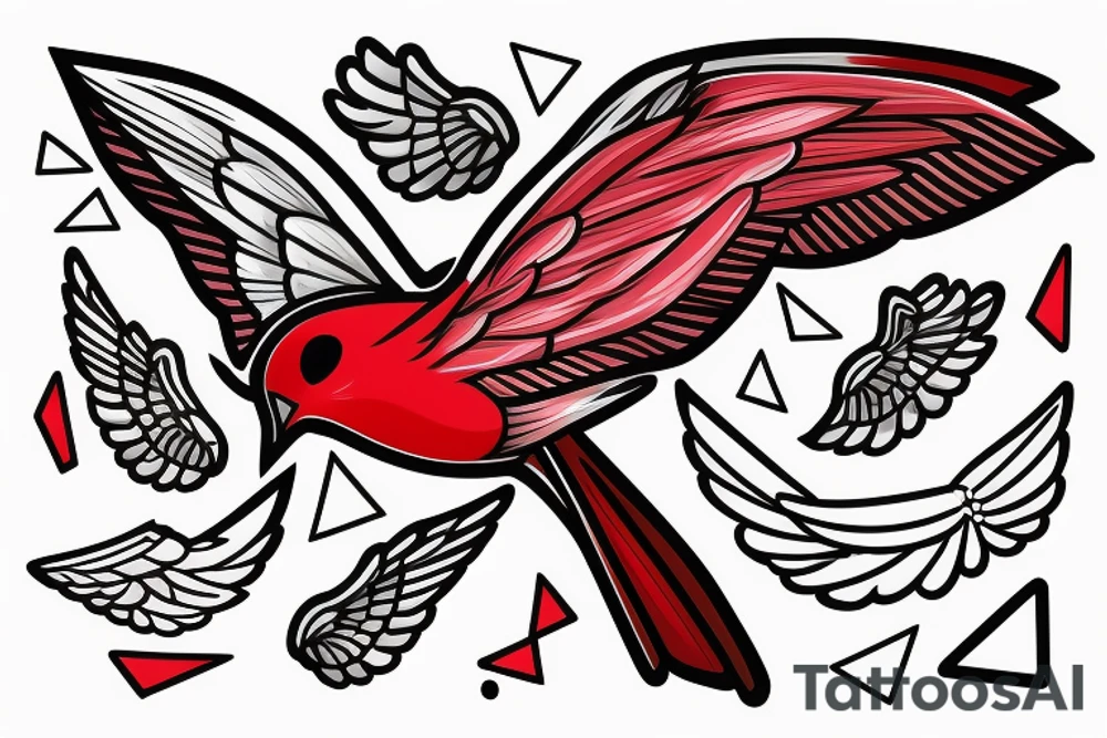 sketch geometric abstract style robin bird mid-flight with spread wings, dynamic, small amount of red accent tattoo idea