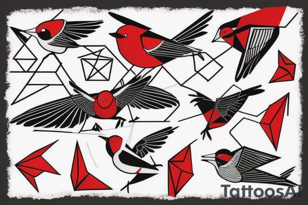 sketch geometric abstract style robin bird mid-flight with spread wings, dynamic, small amount of red accent tattoo idea