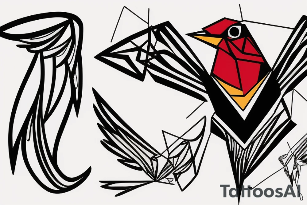 sketch geometric abstract style robin bird mid-flight with spread wings, dynamic, small amount of red accent tattoo idea