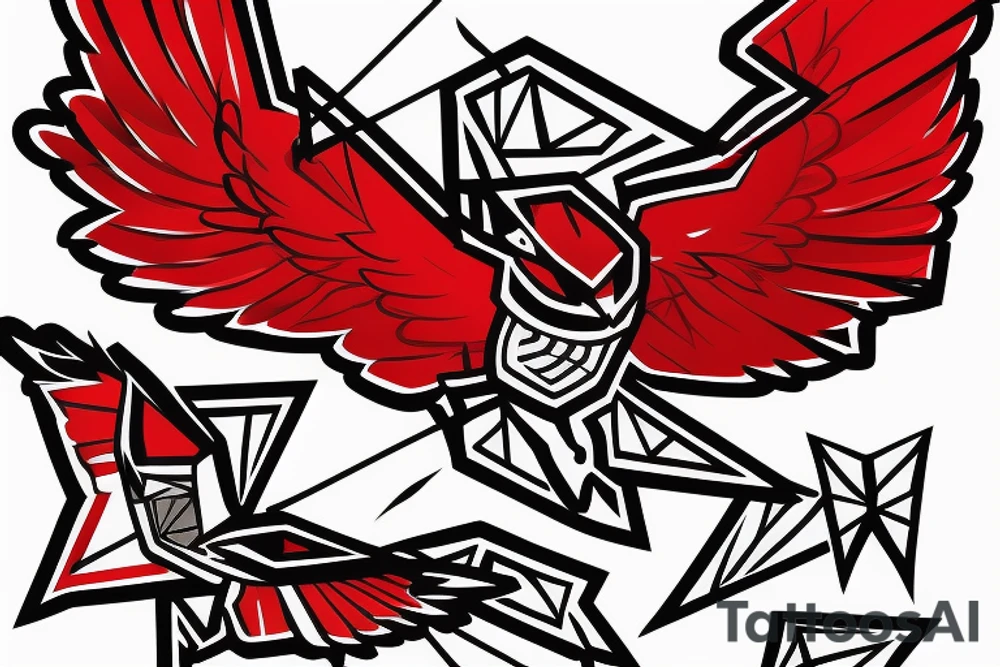 sketch geometric abstract style robin bird mid-flight with spread wings, dynamic, small amount of red accent tattoo idea