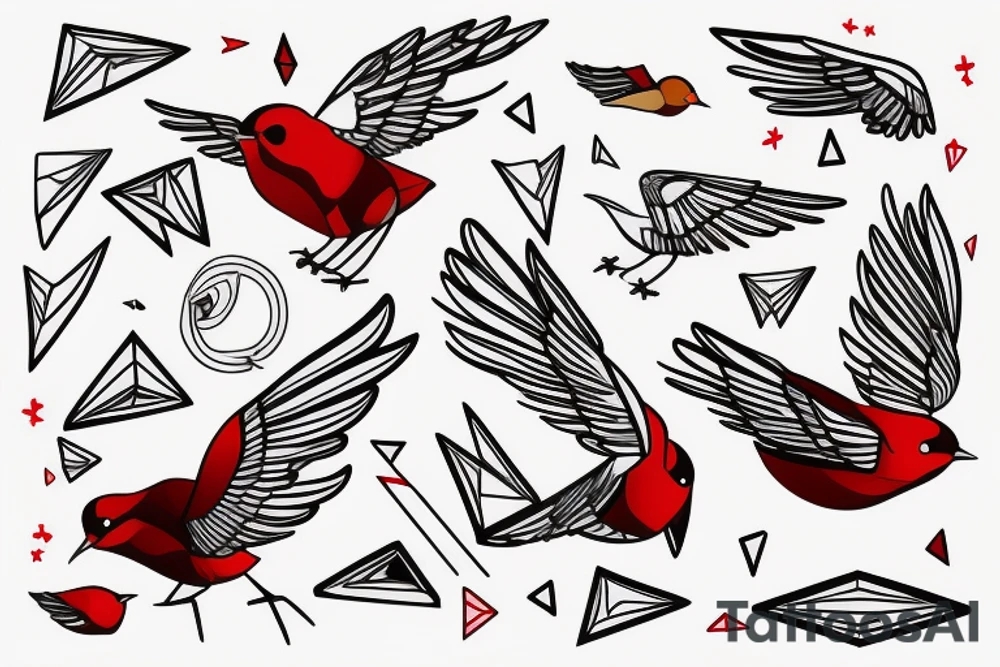 sketch geometric abstract style robin bird mid-flight with spread wings, dynamic, small amount of red accent tattoo idea