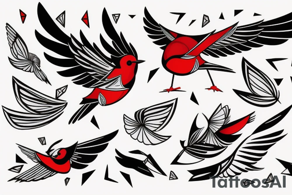 sketch geometric abstract style robin bird mid-flight with spread wings, dynamic, small amount of red accent tattoo idea