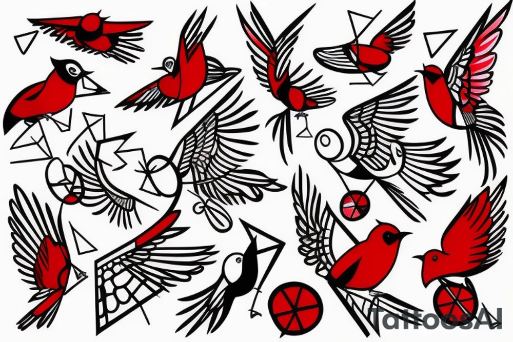 sketch geometric abstract style robin bird mid-flight with spread wings, dynamic, small amount of red accent tattoo idea