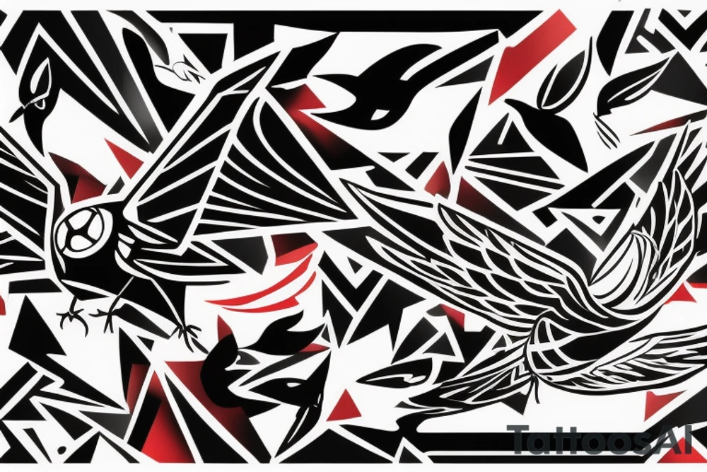 sketch geometric abstract style robin bird mid-flight with spread wings, dynamic, small amount of red accent tattoo idea