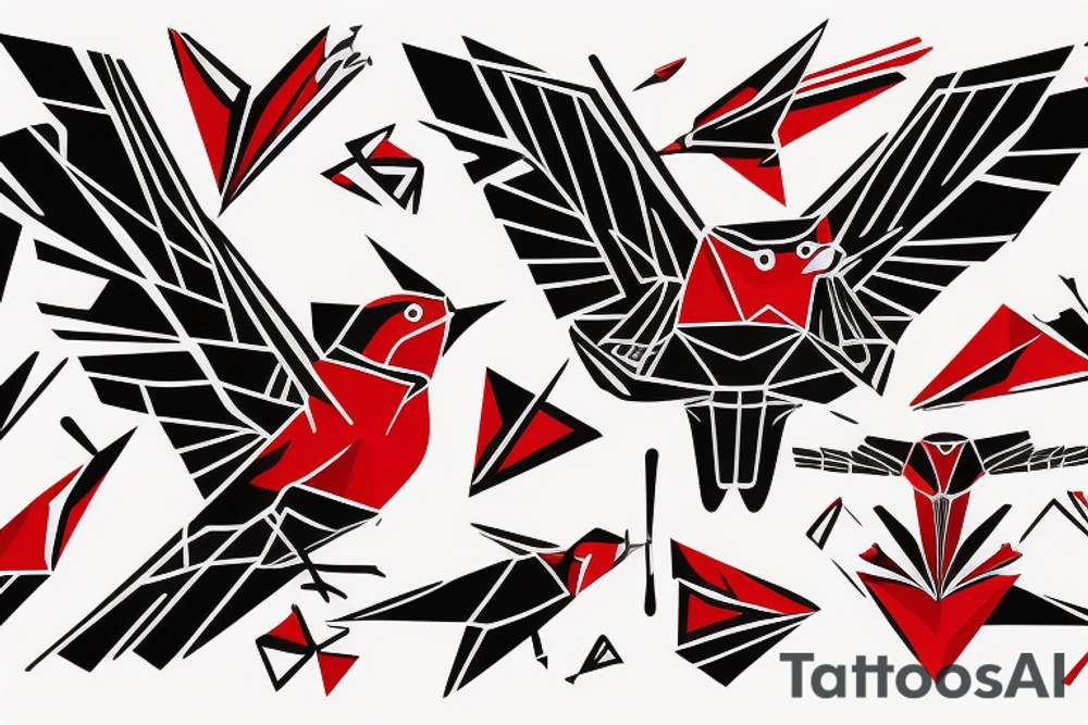 sketch geometric abstract style robin bird mid-flight with spread wings, dynamic, small amount of red accent tattoo idea