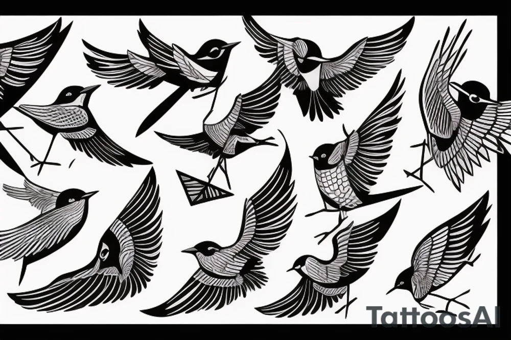 sketch geometric abstract style robin bird mid-flight with spread wings, dynamic, small amount of red accent tattoo idea