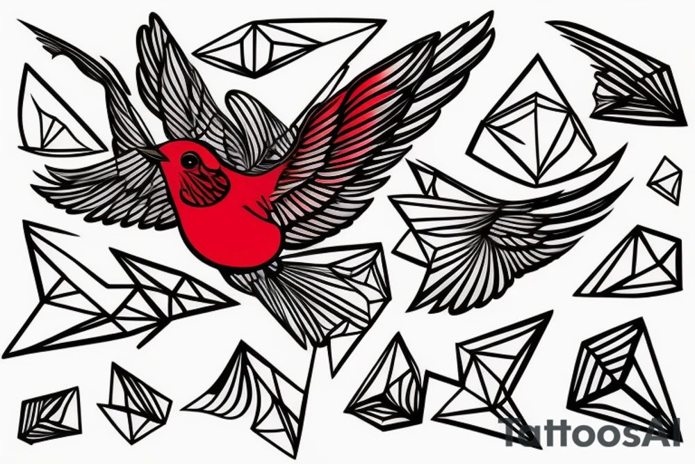 sketch geometric abstract style robin bird mid-flight with spread wings, dynamic, small amount of red accent tattoo idea