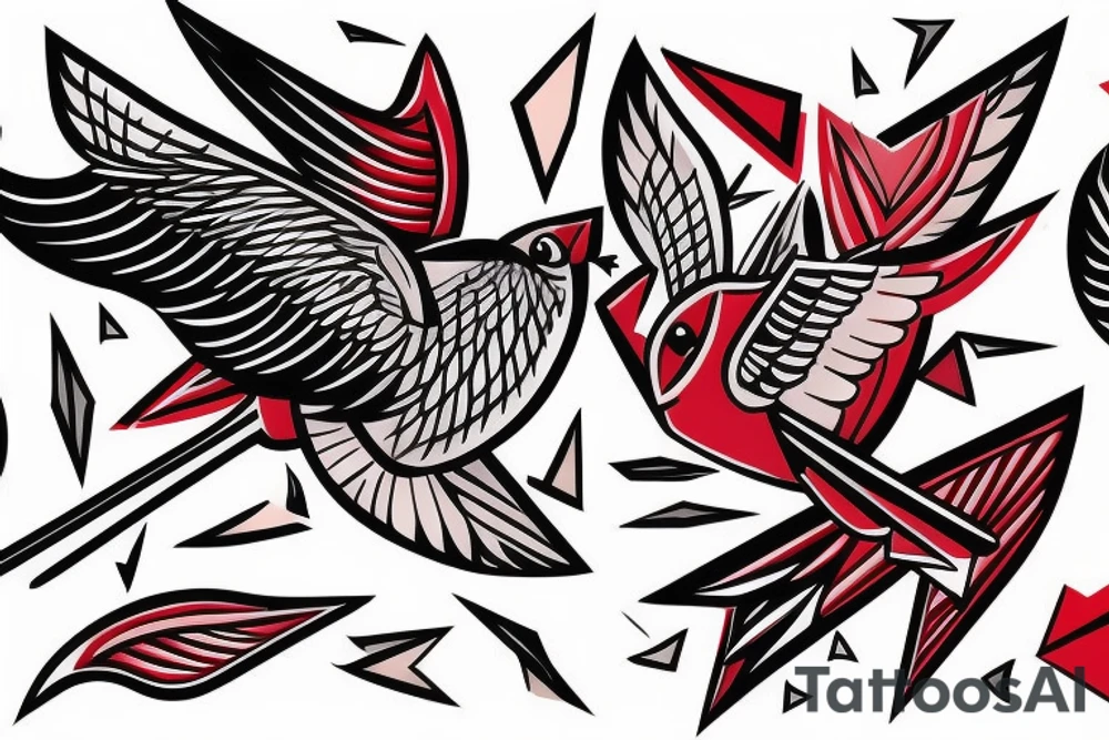 sketch geometric abstract style robin bird mid-flight with spread wings, dynamic, small amount of red accent tattoo idea