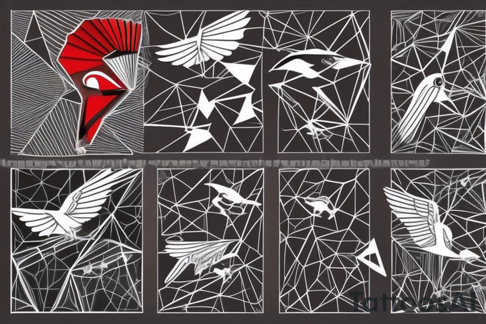 sketch geometric abstract style robin bird mid-flight with spread wings, dynamic, small amount of red accent tattoo idea