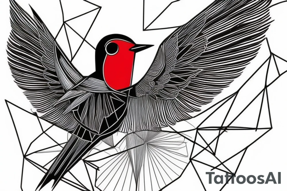 sketch geometric abstract style robin bird mid-flight with spread wings, dynamic, small amount of red accent tattoo idea