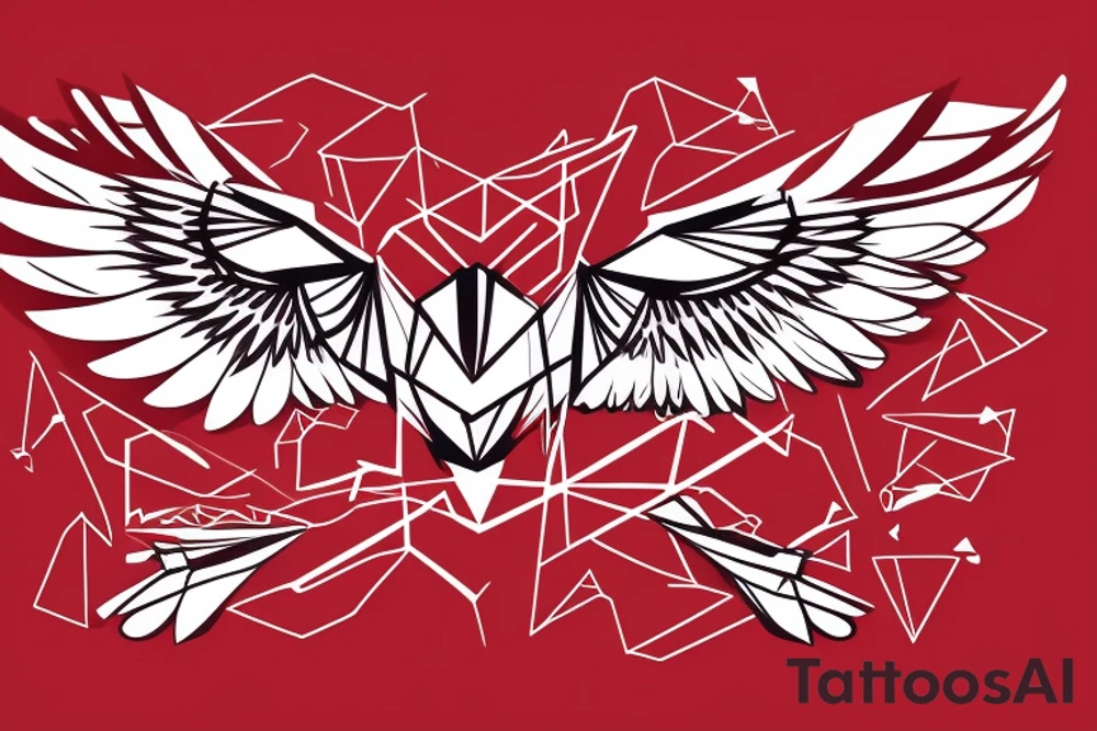 sketch geometric abstract style robin bird mid-flight with spread wings, dynamic, small amount of red accent tattoo idea