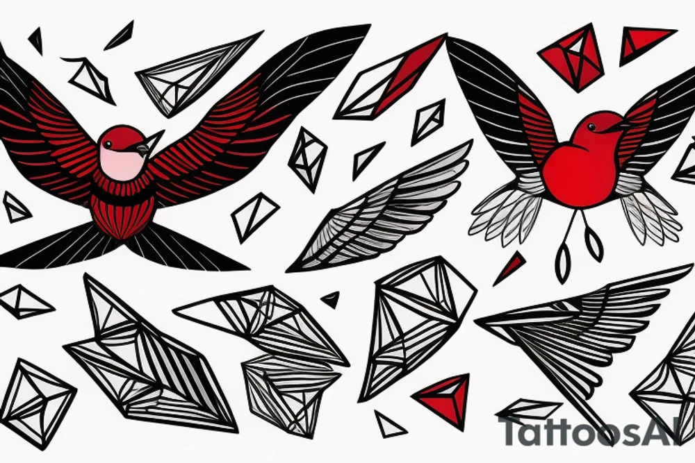 sketch geometric abstract style robin bird mid-flight with spread wings, dynamic, small amount of red accent tattoo idea