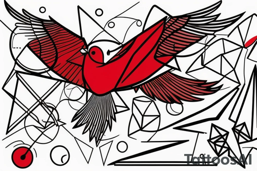 sketch geometric abstract style robin bird mid-flight with spread wings, dynamic, small amount of red accent tattoo idea