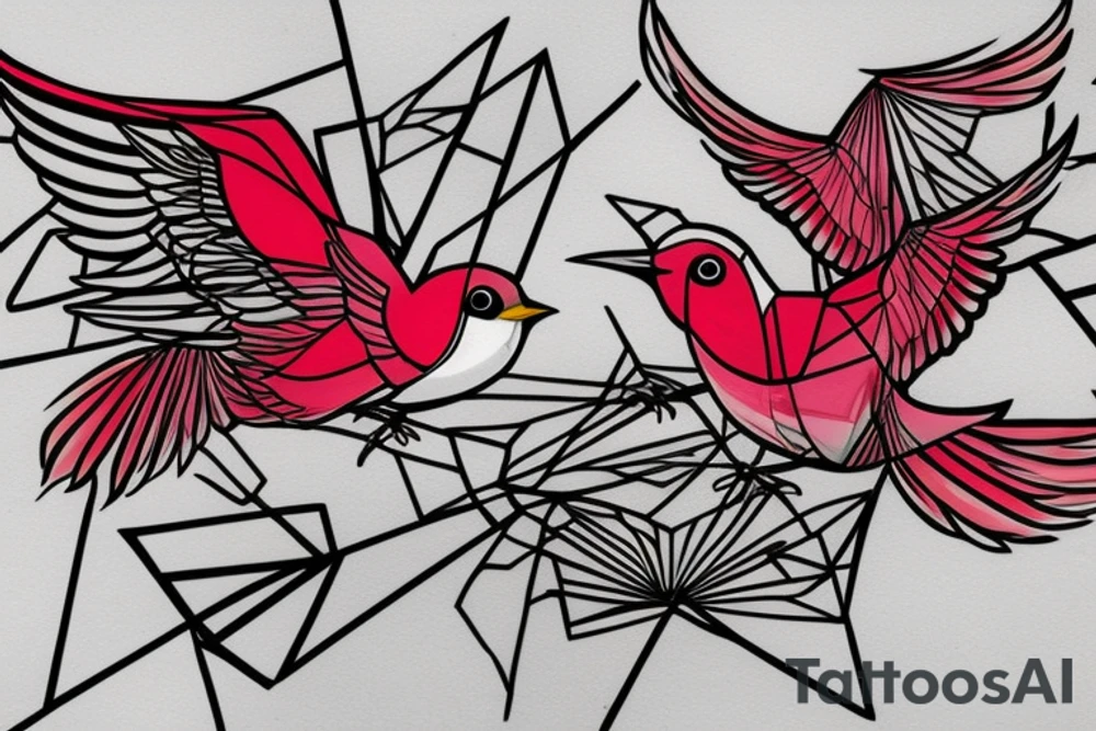sketch geometric abstract style robin bird mid-flight with spread wings, dynamic, small amount of red accent tattoo idea