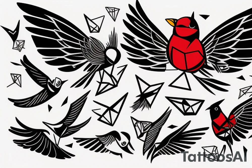 sketch geometric abstract style robin bird mid-flight with spread wings, dynamic, small amount of red accent tattoo idea