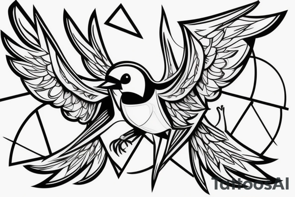 sketch geometric abstract style robin bird mid-flight with spread wings, dynamic, small amount of red accent tattoo idea