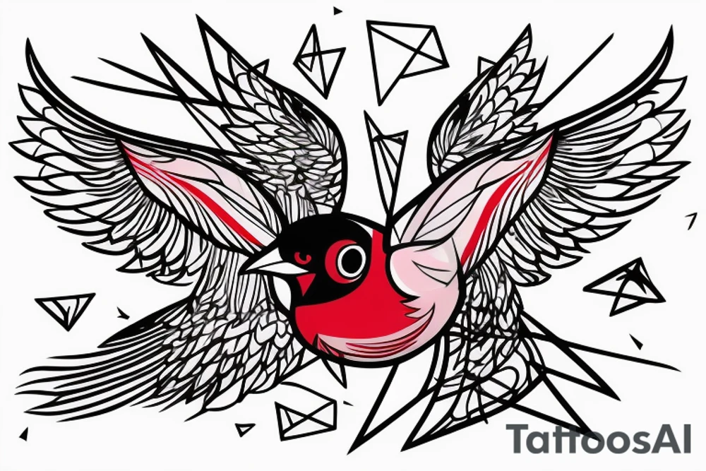 sketch geometric abstract style robin bird mid-flight with spread wings, dynamic, small amount of red accent tattoo idea