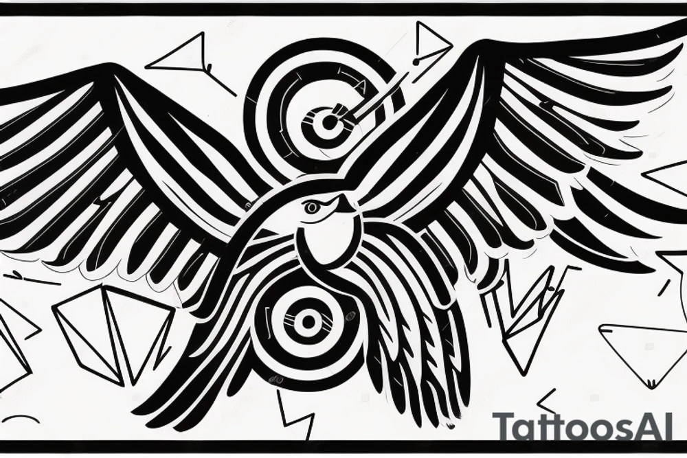 sketch geometric abstract style robin bird mid-flight with spread wings, dynamic, small amount of red accent tattoo idea