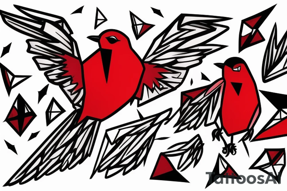 sketch geometric abstract style robin bird mid-flight with spread wings, dynamic, small amount of red accent tattoo idea