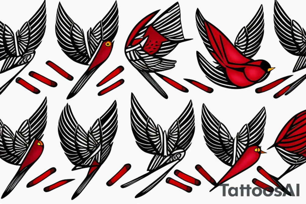 sketch geometric abstract style robin bird mid-flight with spread wings, dynamic, small amount of red accent tattoo idea
