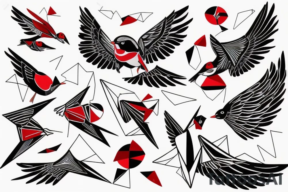 sketch geometric abstract style robin bird mid-flight with spread wings, dynamic, small amount of red accent tattoo idea