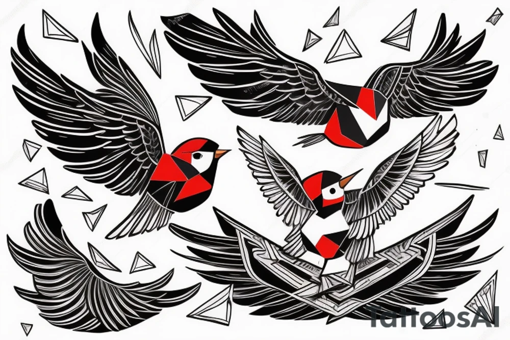sketch geometric abstract style robin bird mid-flight with spread wings, dynamic, small amount of red accent tattoo idea