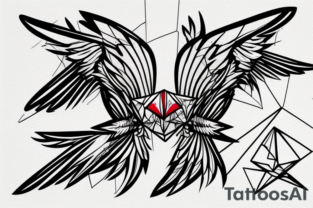 sketch geometric abstract style robin bird mid-flight with spread wings, dynamic, small amount of red accent tattoo idea