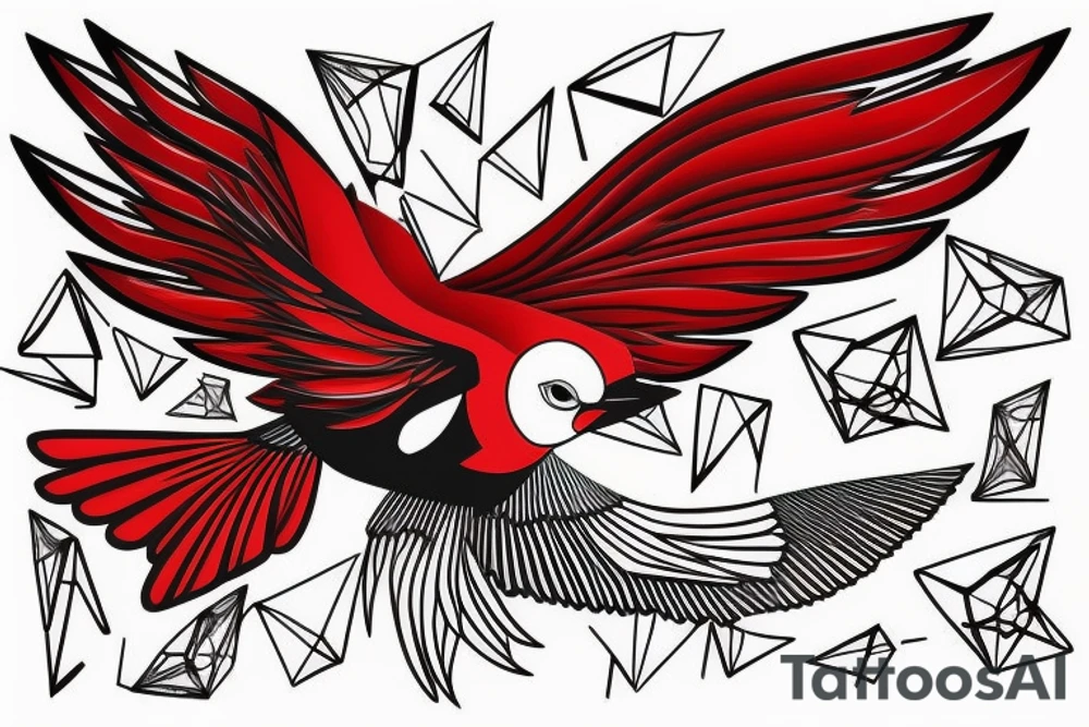sketch geometric abstract style robin bird mid-flight with spread wings, dynamic, small amount of red accent tattoo idea
