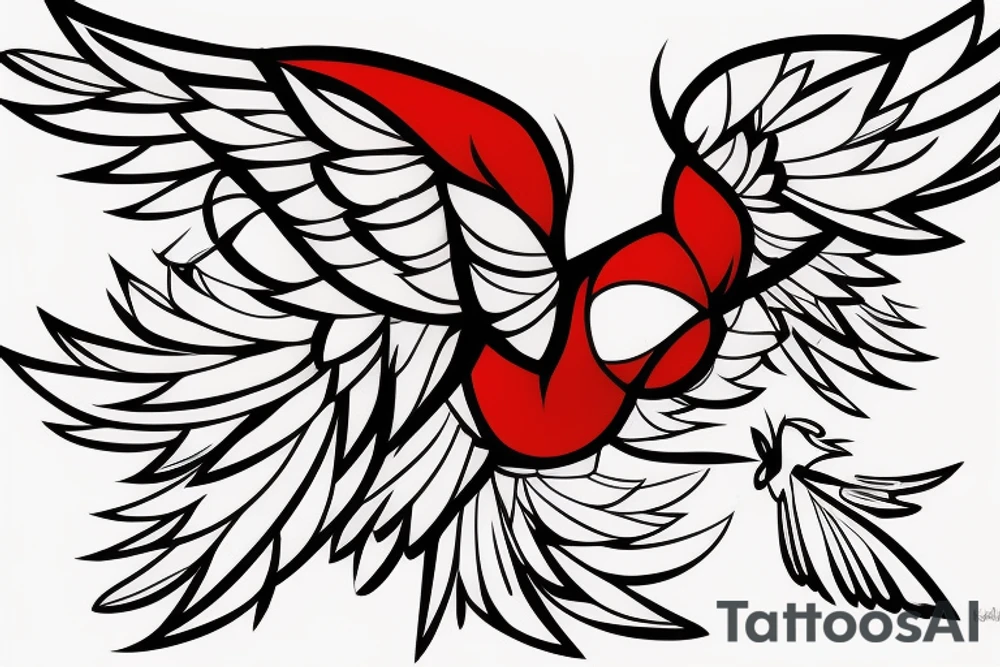 sketch geometric abstract style robin bird mid-flight with spread wings, dynamic, small amount of red accent tattoo idea