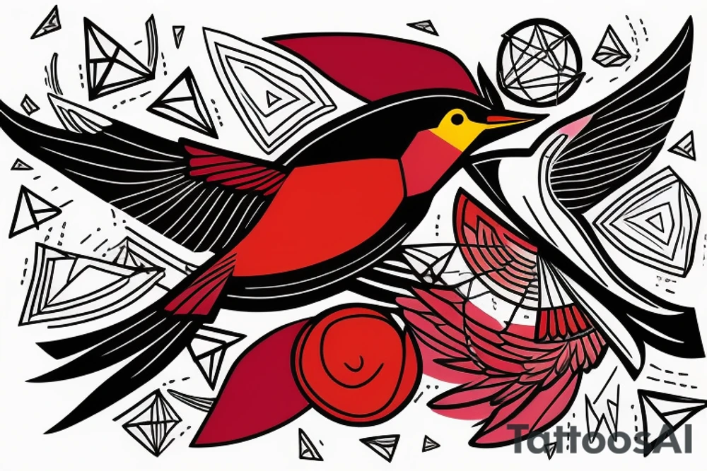 sketch geometric abstract style robin bird mid-flight with spread wings, dynamic, small amount of red accent tattoo idea
