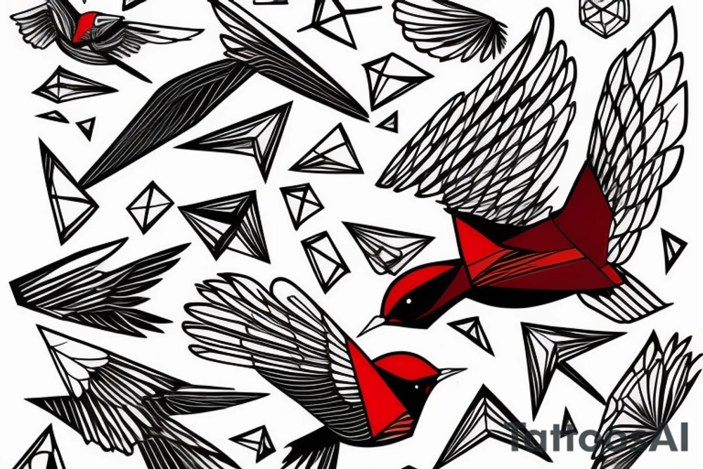 sketch geometric abstract style robin bird mid-flight with spread wings, dynamic, small amount of red accent tattoo idea