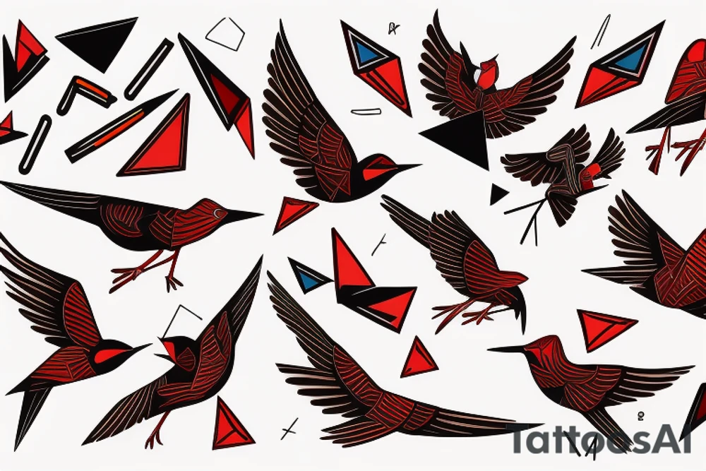sketch geometric abstract style robin bird mid-flight with spread wings, dynamic, small amount of red accent tattoo idea