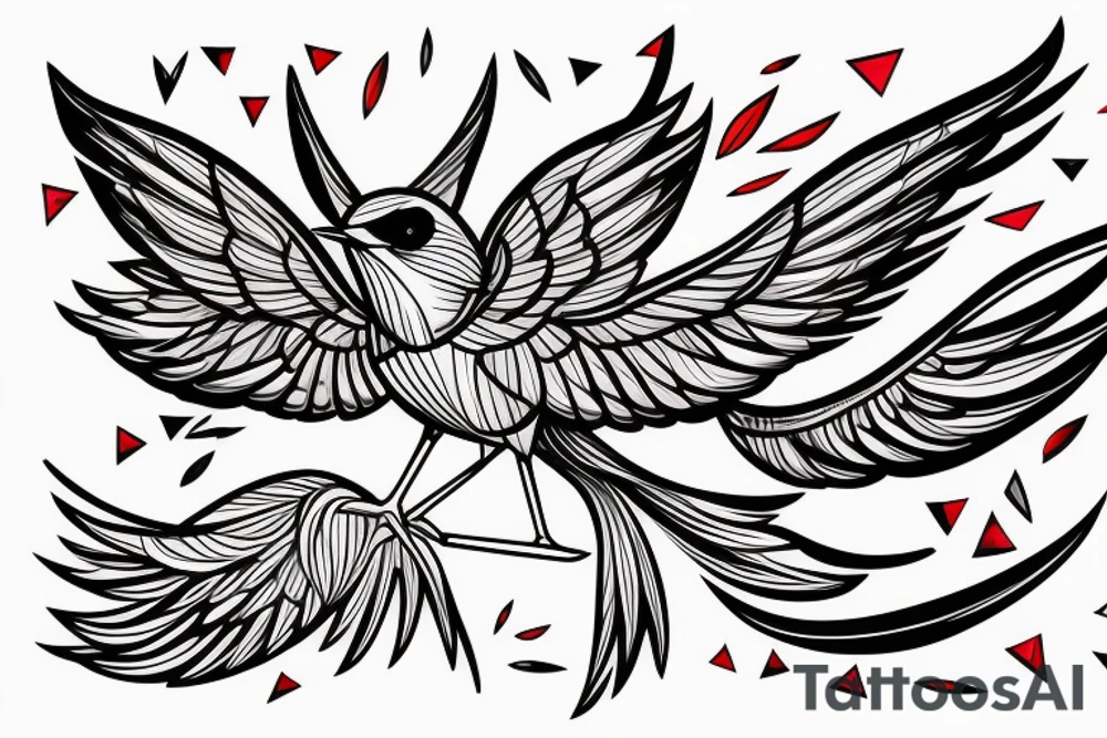 sketch geometric abstract style robin bird mid-flight with spread wings, dynamic, small amount of red accent tattoo idea