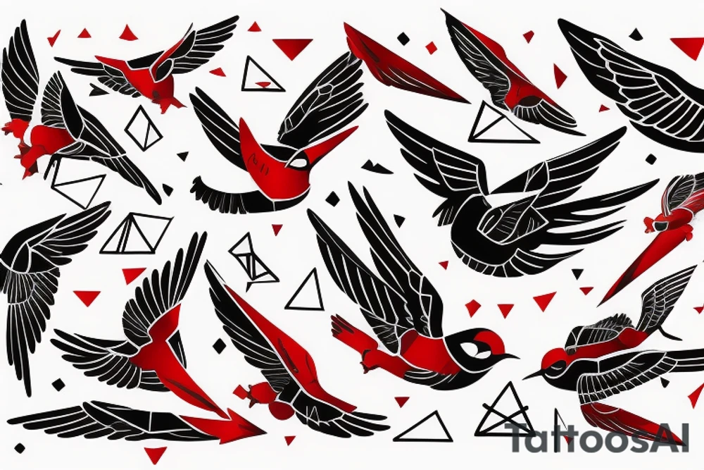 sketch geometric abstract style robin bird mid-flight with spread wings, dynamic, small amount of red accent tattoo idea