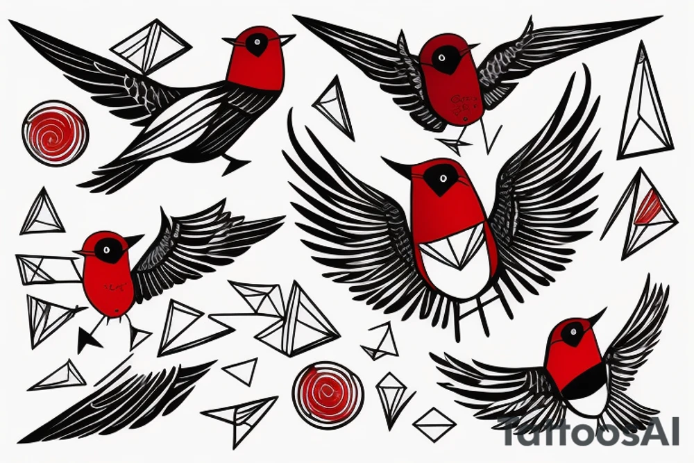 sketch geometric abstract style robin bird mid-flight with spread wings, dynamic, small amount of red accent tattoo idea