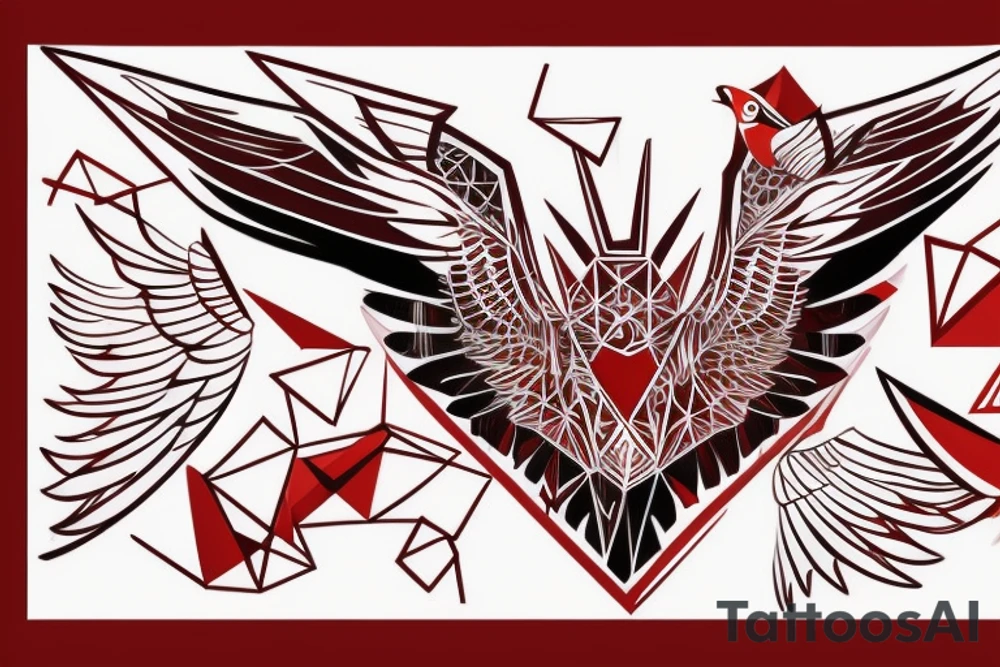 sketch geometric abstract style robin bird mid-flight with spread wings, dynamic, small amount of red accent tattoo idea