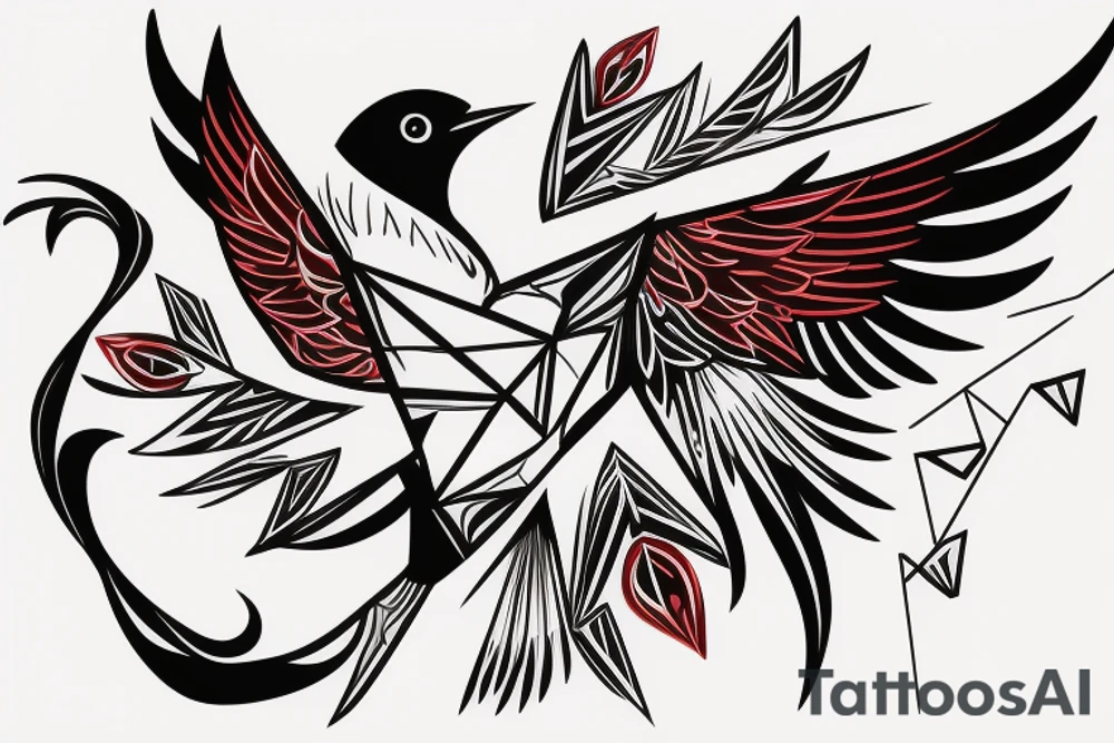 sketch geometric abstract style robin bird mid-flight with spread wings, dynamic, small amount of red accent tattoo idea