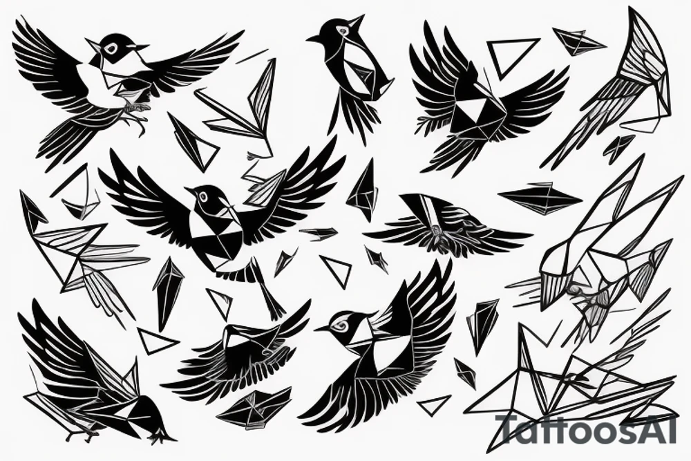 sketch geometric abstract style robin bird mid-flight with spread wings, dynamic, small amount of red accent tattoo idea