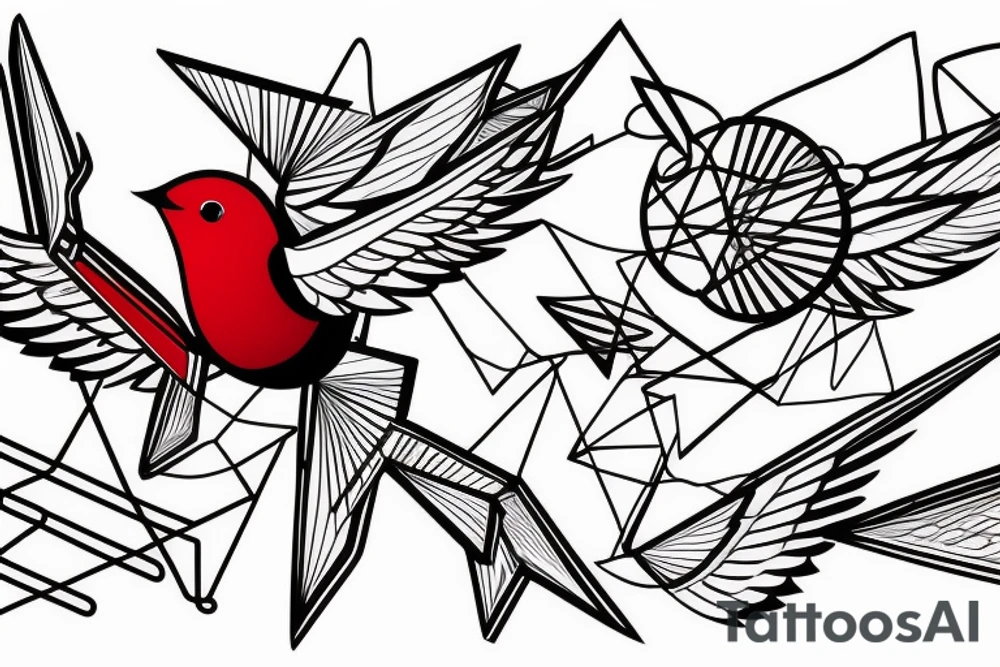 sketch geometric abstract style robin bird mid-flight with spread wings, dynamic, small amount of red accent tattoo idea
