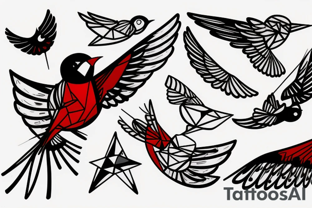 sketch geometric abstract style robin bird mid-flight with spread wings, dynamic, small amount of red accent tattoo idea
