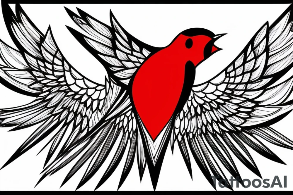 sketch geometric abstract style robin bird mid-flight with spread wings, dynamic, small amount of red accent tattoo idea
