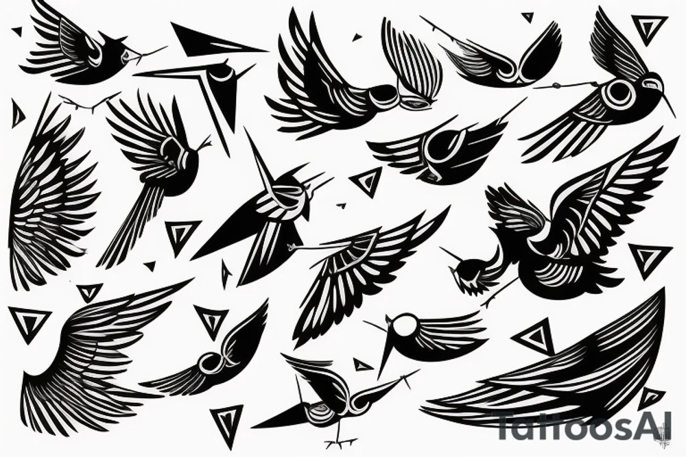 sketch geometric abstract style robin bird mid-flight with spread wings, dynamic, small amount of red accent tattoo idea