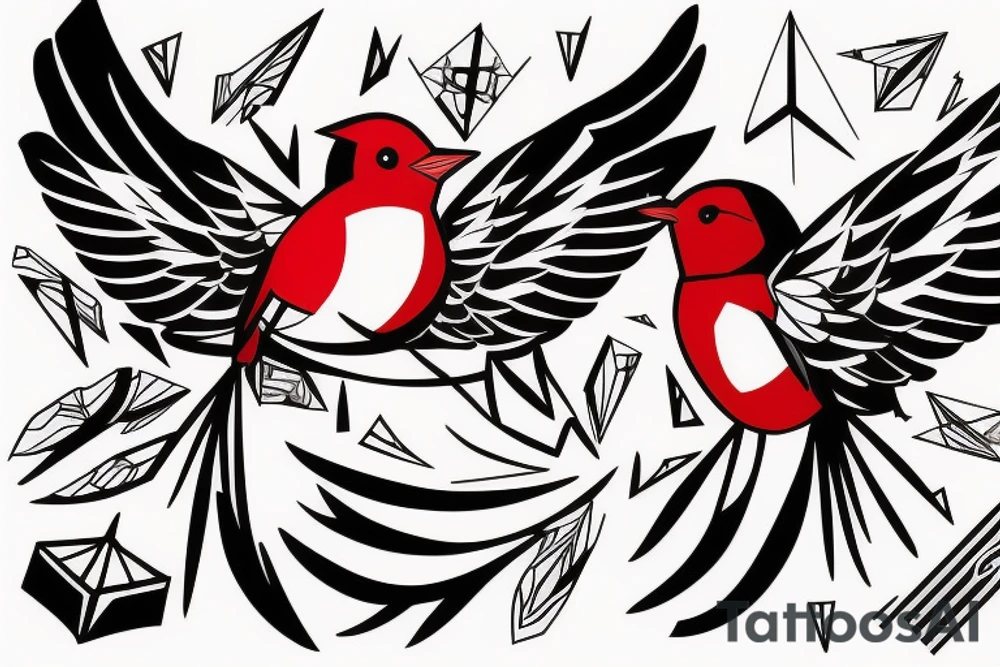 sketch geometric abstract style robin bird mid-flight with spread wings, dynamic, small amount of red accent tattoo idea