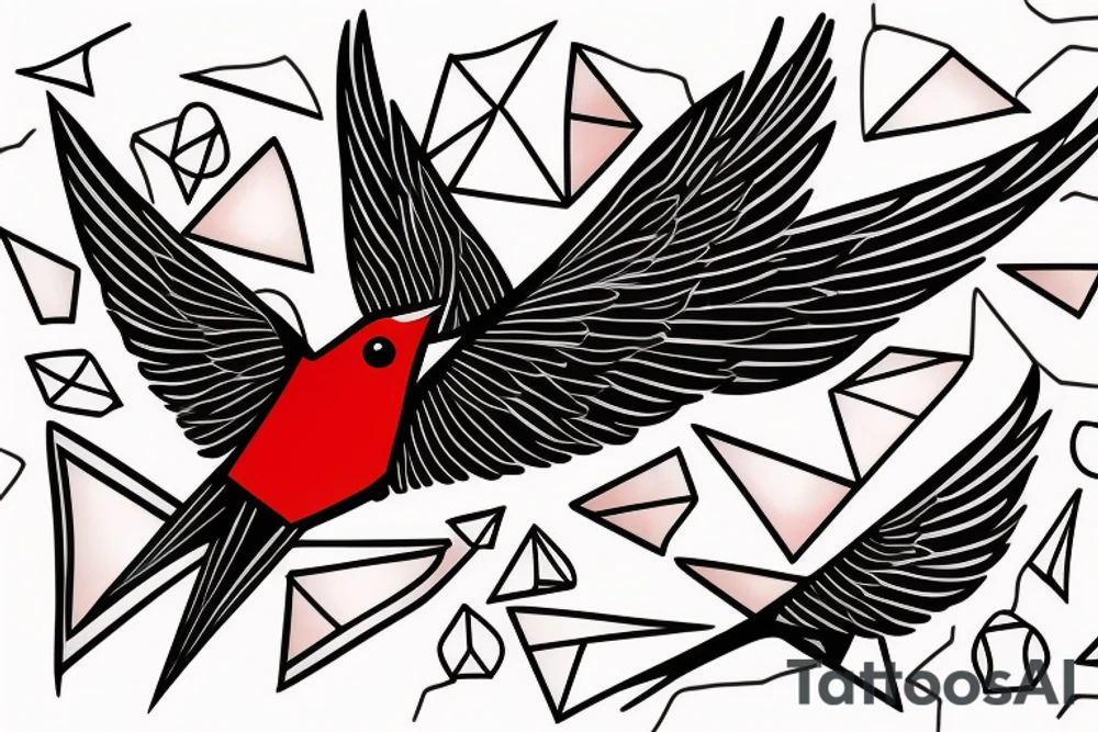sketch geometric abstract style robin bird mid-flight with spread wings, dynamic, small amount of red accent tattoo idea