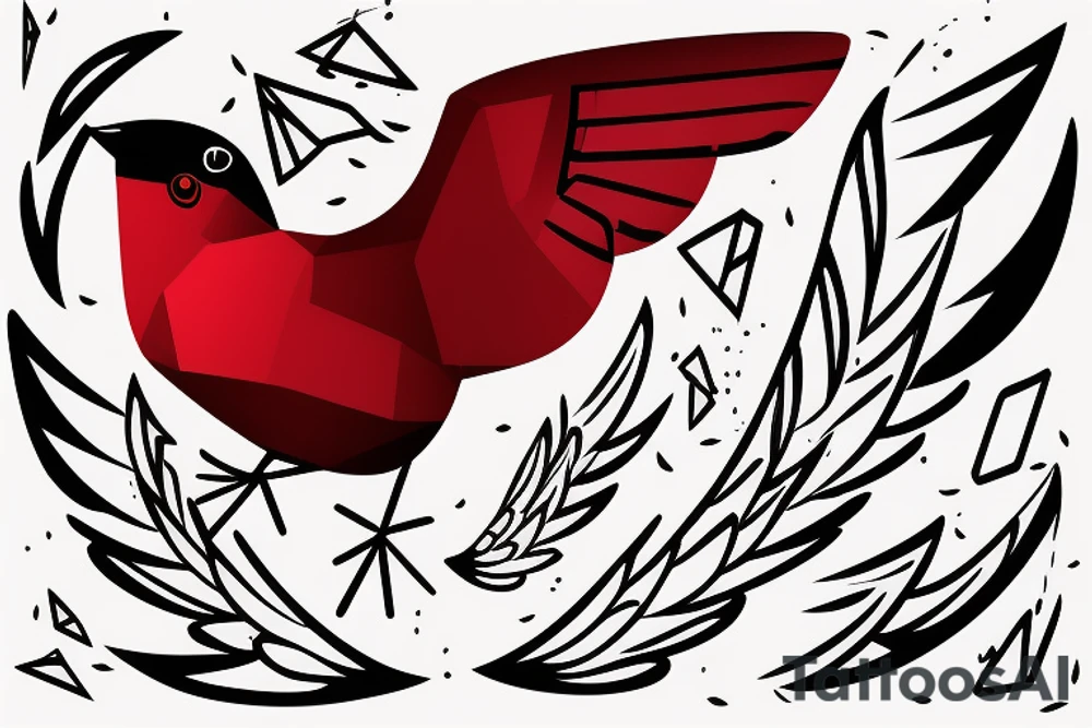sketch geometric abstract style robin bird mid-flight with spread wings, dynamic, small amount of red accent tattoo idea