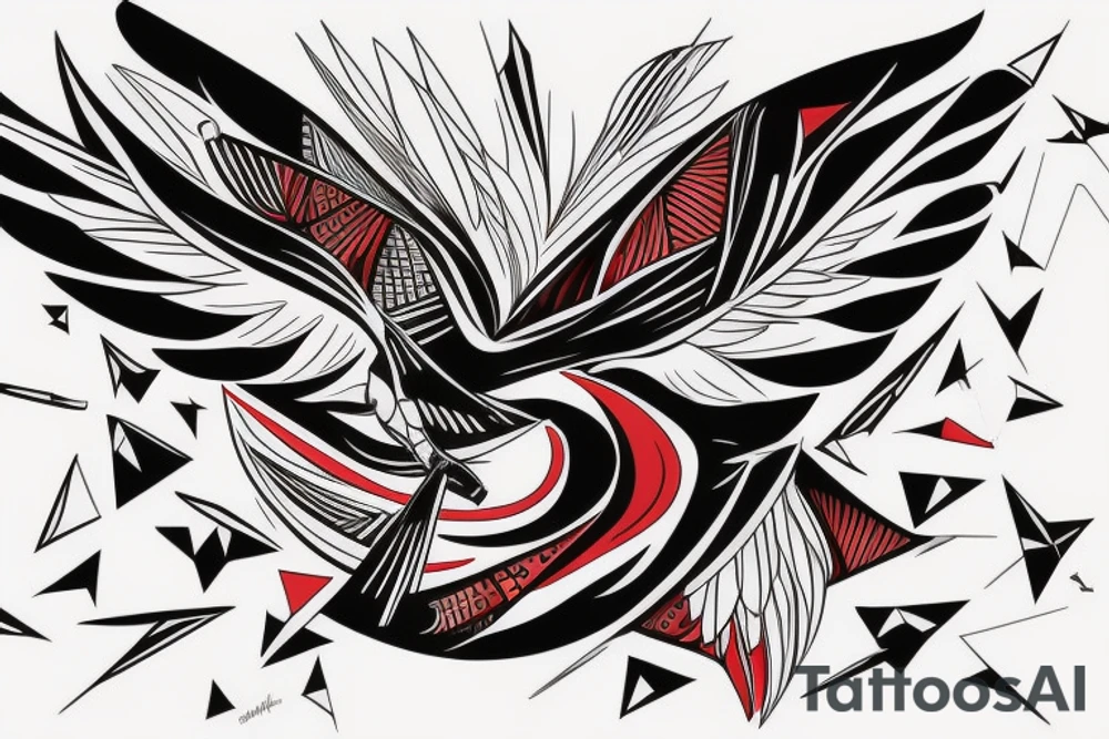 sketch geometric abstract style robin bird mid-flight with spread wings, dynamic, small amount of red accent tattoo idea