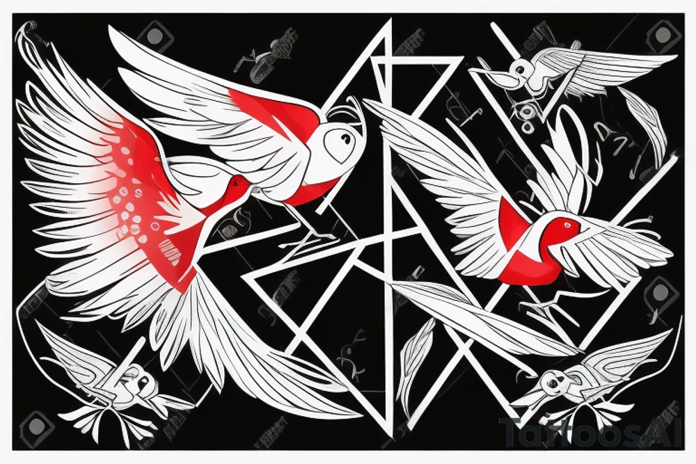 sketch geometric abstract style robin bird mid-flight with spread wings, dynamic, small amount of red accent tattoo idea